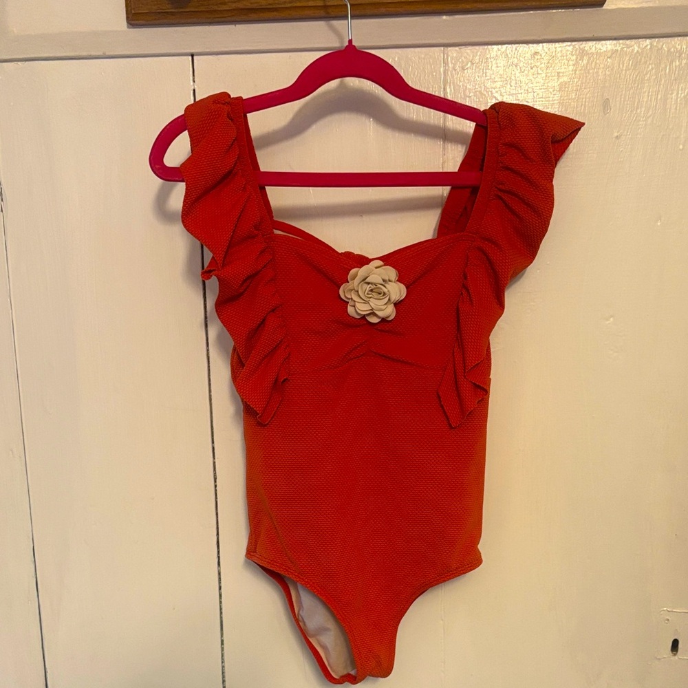 Janie and Jack Red Ruffle One-Piece Swimsuit with Flower Accent